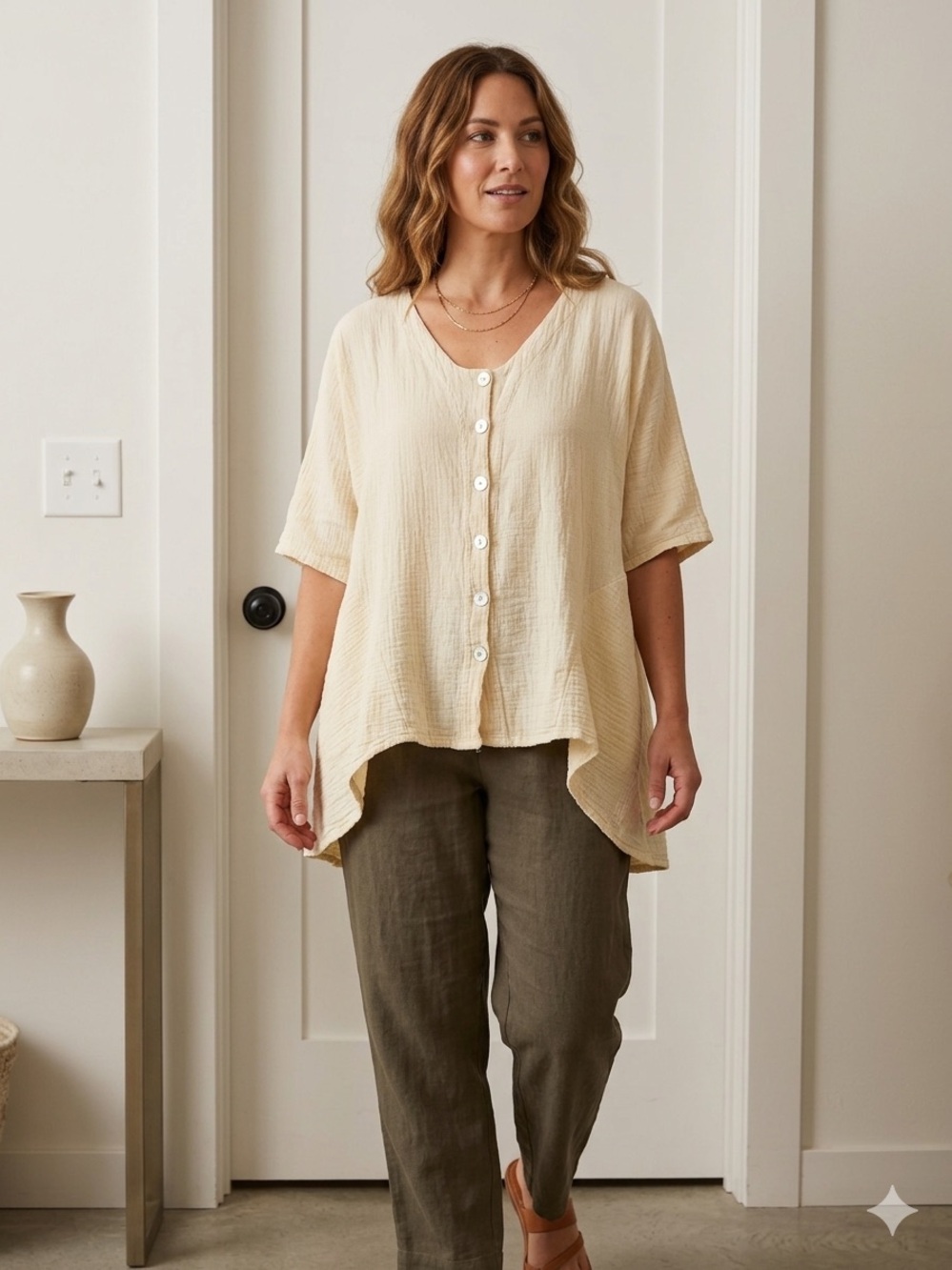 Oh My Gauze! Ivory V-Neck 3/4 Sleeve 100% Cotton Lagenlook Tunic Blouse Sz 2